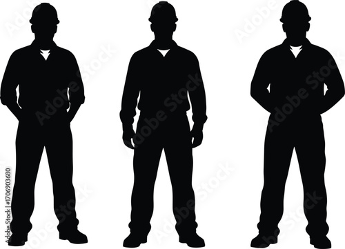 Silhouettes of construction workers wearing safety helmets, standing confidently, work uniforms, industrial safety, teamwork, labor, hard hats, professionalism, building site, protection.