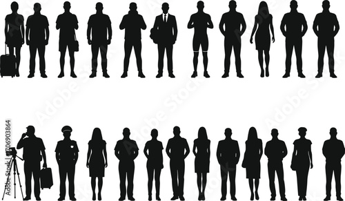 Silhouettes of diverse business people, travelers with luggage, police officer, photographer with camera, men and women standing in various poses.