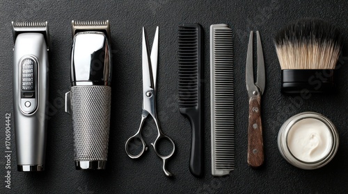 Barber tools arranged on dark surface