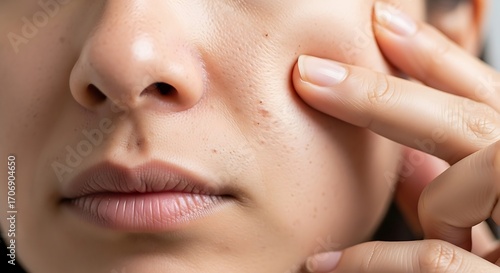 Wallpaper Mural Close up of a person's face with visible pores and fingers touching their cheek skin Torontodigital.ca