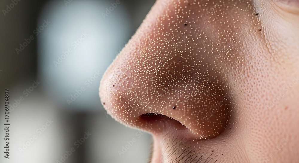Fototapeta premium Close up of a person's nose covered in blackheads and visible pores on the skin area