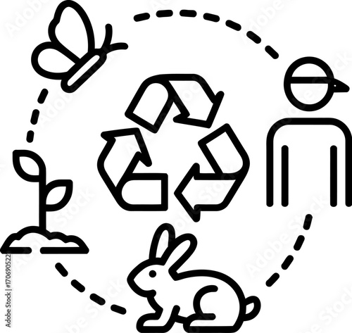 Circle of life and sustainability with recycling symbol, plant, butterfly, rabbit, and person.