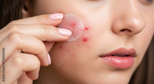 Wallpaper Mural Close up of woman applying acne patch on cheek to treat blemishes and imperfections Torontodigital.ca