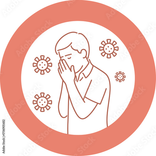 Man sneezing surrounded by airborne virus particles, illustrating illness and contagion.