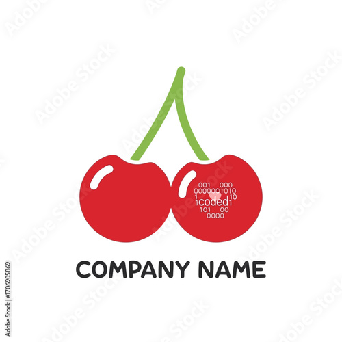 Two vibrant red cherries with green stems, a simple and sweet fruit illustration.