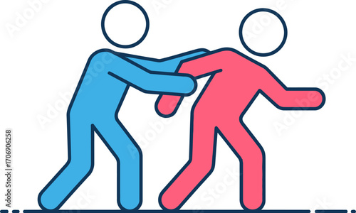Two stylized figures in blue and red push each other in a symbolic gesture of conflict or disagreement.
