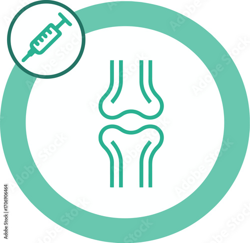 Medical illustration of a knee joint with a syringe representing treatment or injection therapy.