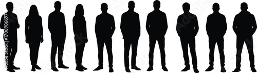 Silhouettes of diverse group standing, men and women in casual clothing, teamwork, social gathering, isolated black figures, unity, white background.