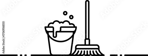 Simple line art illustration of a mop and a bucket filled with soap suds.