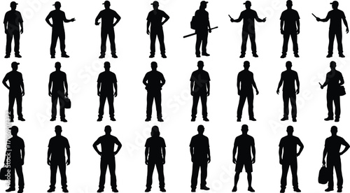 Silhouettes of diverse men standing, casual clothing, work uniforms, hats, holding bags and tools, various poses, teamwork, lifestyle, communication, unity.