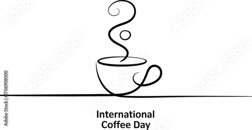 Elegant single line drawing of a steaming coffee cup celebrating International Coffee Day