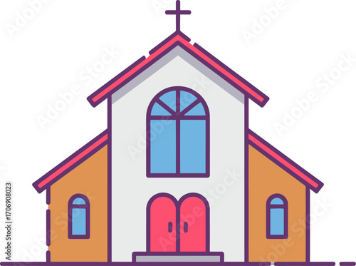 Simple, colorful illustration of a welcoming church building with a cross.