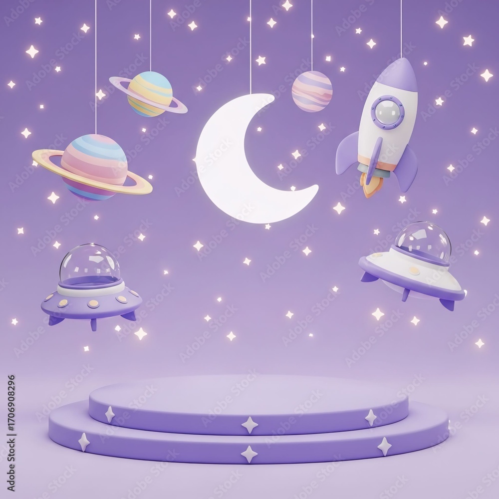 Naklejka premium 3d kid background. Galaxy space podium, rocket planet and toy spaceship as star children products promo presentation, birthday room. Cute cartoon childish banner backdrop. Vector showcase