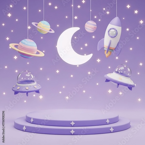 3d kid background. Galaxy space podium, rocket planet and toy spaceship as star children products promo presentation, birthday room. Cute cartoon childish banner backdrop. Vector showcase