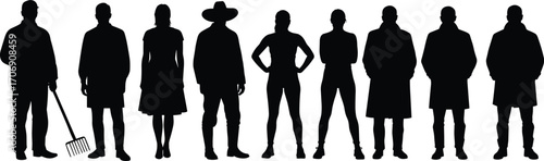 Silhouettes of diverse people standing in line, casual and formal clothing, farm tools, hats, confident poses, isolated on white