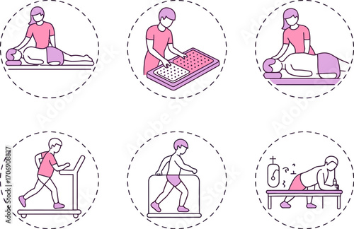Collection of diverse fitness exercises and rehabilitation activities illustrated