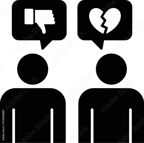 Two people with speech bubbles showing negative feedback and a broken heart