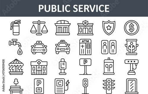 Collection of public service icons representing community and government services