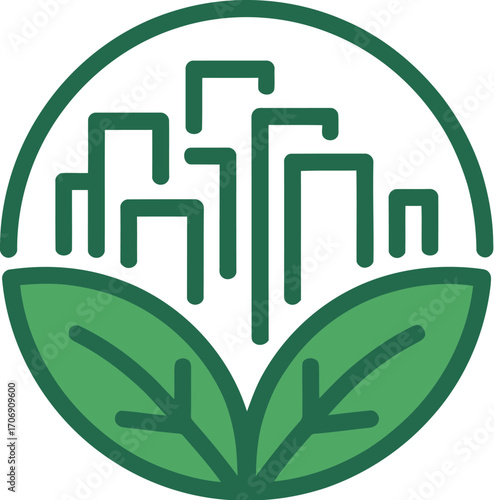 Green city skyline with leaves symbolizing sustainable urban development