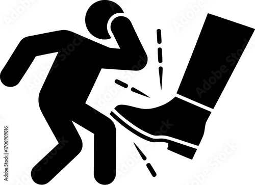 Silhouette of person being kicked by a large boot on a plain background