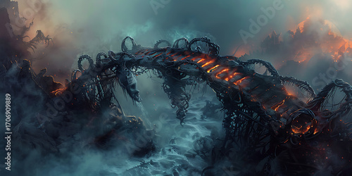Mysterious, fiery alien structure shrouded in smoke and mist under an ominous sky.