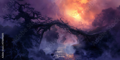 Mystical ancient tree forming a natural arch over a misty, reflective water body under a dramatic, colorful sky.