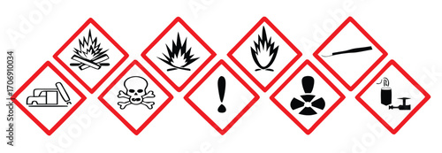 Globally Harmonized System (GHS) hazard Warning symbols with red curved outline isolated on transparent background. All 9 GHS chemical labelling stickers