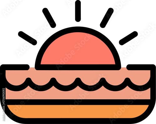 Stylized sunrise over ocean waves icon simple flat design