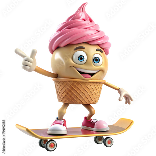 Cartoon Ice Cream Cone Character Riding Skateboard on Transparent Background