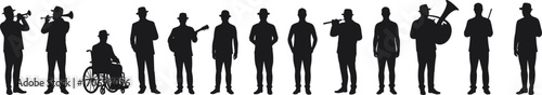 Silhouettes of jazz band musicians playing instruments, including trumpet, guitar, drum, wheelchair musician, vintage hats, isolated on white background.