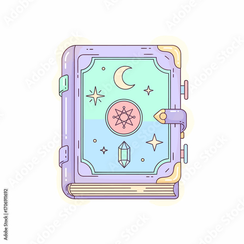 Purple Spellbook with Celestial and Crystal Designs.