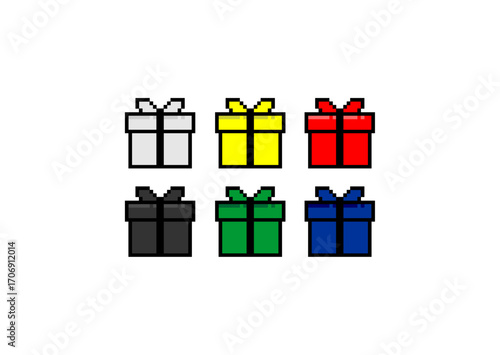 Pixel art of six colorful gift boxes with bows in white, yellow, red, black, green, and blue, arranged in two rows on a white background.
