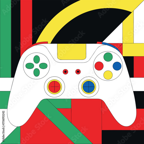 A vector illustration of a gaming joystick icon featuring white buttons, designed as a fun video game controller for computer console play and digital entertainment on an isolated backgro