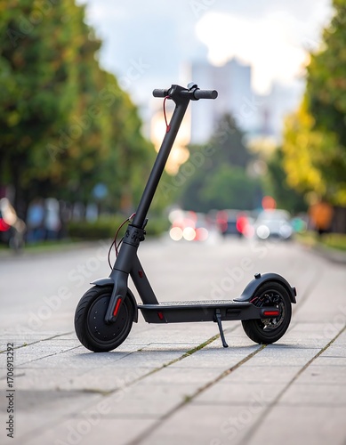 Black electric scooter on city street