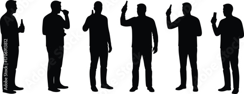 Silhouettes of men holding bottles, drinking, raising drinks, casual standing poses, isolated on white background, social gathering, celebration mood.