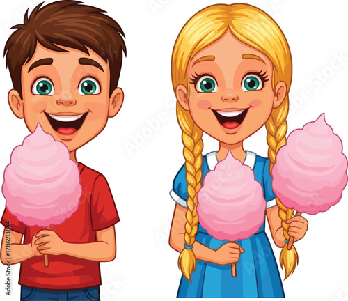 Happy cartoon boy and girl holding pink cotton candy, smiling children enjoying sweet treats, summer fun, cheerful kids eating candy