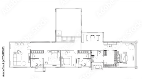 “Residential Building 2nd Floor Furniture Layout Plan – Bedroom, Living Room, Gym Vector Design”