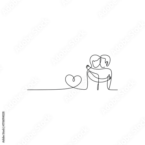 Romantic couple embracing with a heart drawn in continuous line art