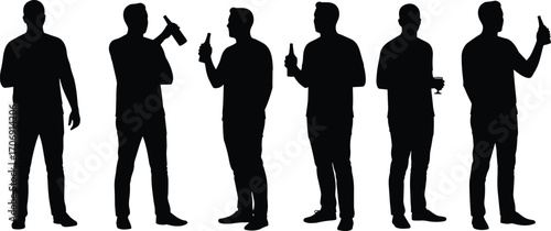 Silhouettes of men holding bottles, drinking, raising drinks, casual standing poses, isolated on white background, social party, celebration mood.