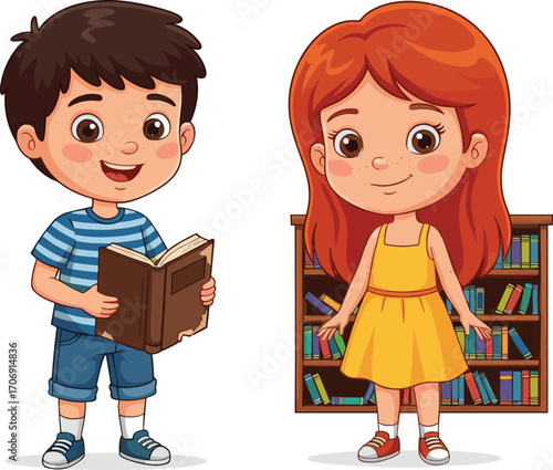 Happy cartoon boy reading book and smiling girl standing near bookshelf, children learning, casual clothes, education, library, fun reading illustration