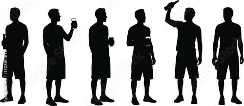 Silhouettes of men standing and holding drinks, casual summer clothing, social gathering, beer bottles, glasses, relaxing, leisure time, friendship, party scene.