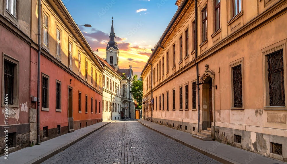 Fototapeta premium Narrow European street at sunrise