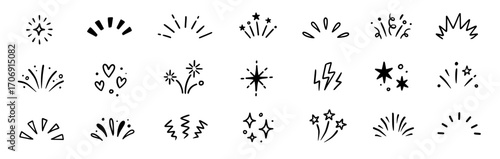 Line surprise icon element set. Hand drawn line sun bursts, cartoon star sparkles, and playful surprise rays with comic starburst and whimsical sunshine comic effect elements. Vector illustration