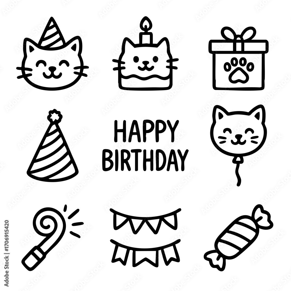 Fototapeta premium A set of doodle line icons showing a cat-themed birthday party with gifts, cake, decorations, candy, and festive elements