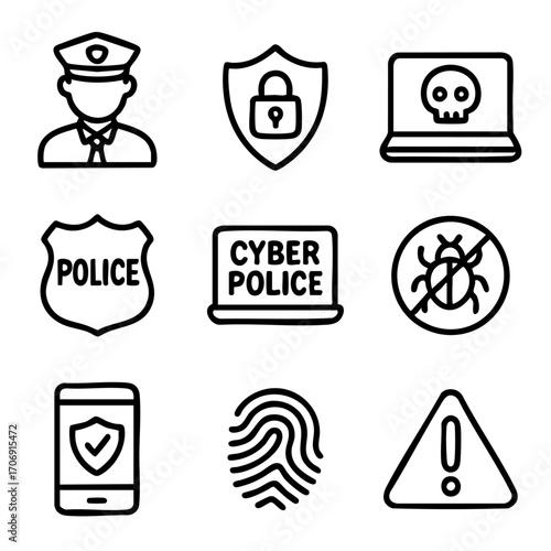 A set of doodle line icons representing cyber security, online threats, digital protection, and internet crime prevention by cyber police