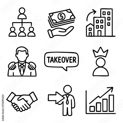 A set of doodle line icons representing business acquisition, corporate takeover, leadership change, investment deals, and financial growth strategy