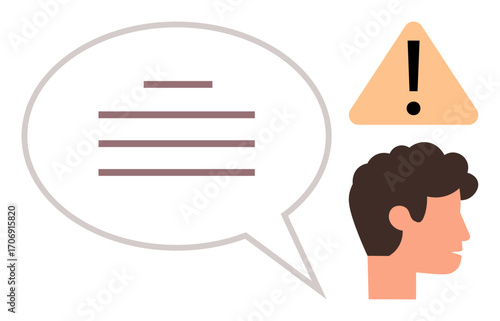 Head silhouette near speech bubble with horizontal lines and triangular alert mark. Ideal for communication, caution, advice, warning, messaging, feedback, awareness. Simple flat metaphor