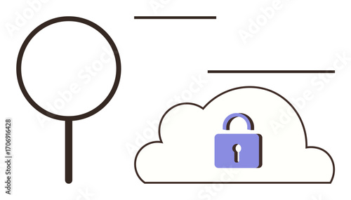 Magnifying glass next to locked cloud representing secure data, privacy, and protection. Ideal for technology, cybersecurity, online safety, encryption, cloud storage, access control digital