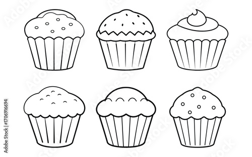 Set of cupcake outline vector illustration line art