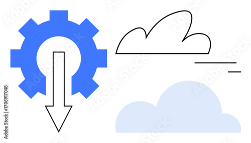 Gear with downward arrow and stylized clouds representing cloud computing, data download, and integration processes. Ideal for technology, data transfer, cloud services, automation, software